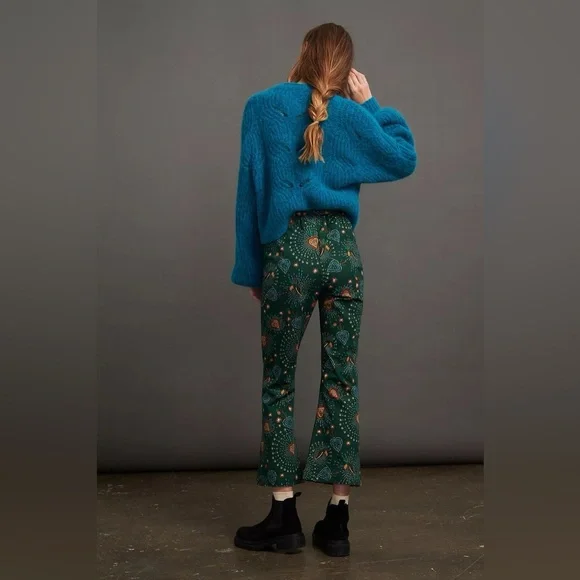 FARM Rio Anthropologie Womens Small Fernanda Flared Pants Cotton Star Bird Print